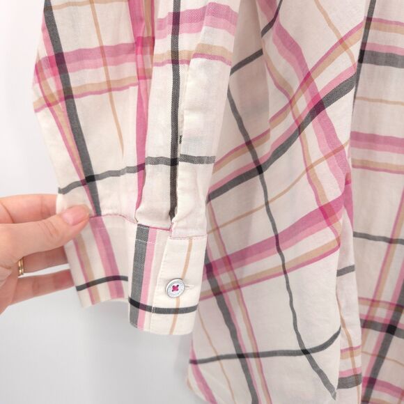 Foxcroft plaid long sleeve button up tunic top Size 16w cream pink pockets - Picture 3 of 7